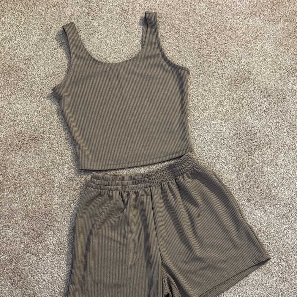 Women's Ribbed Tank and Shorts Set - Taupe